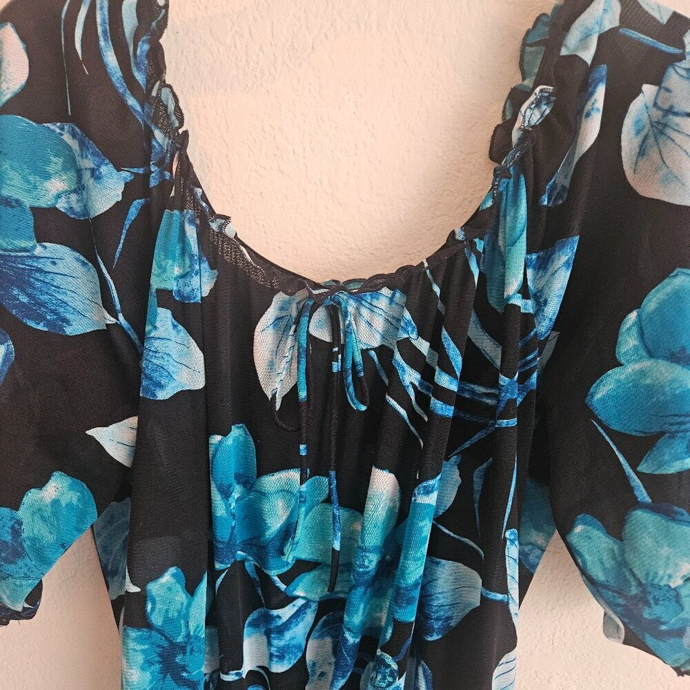 Boho black Blue floral Whimsygoth Tropic gawzy tropical Vacay balloon sleeves M - Picture 1 of 6